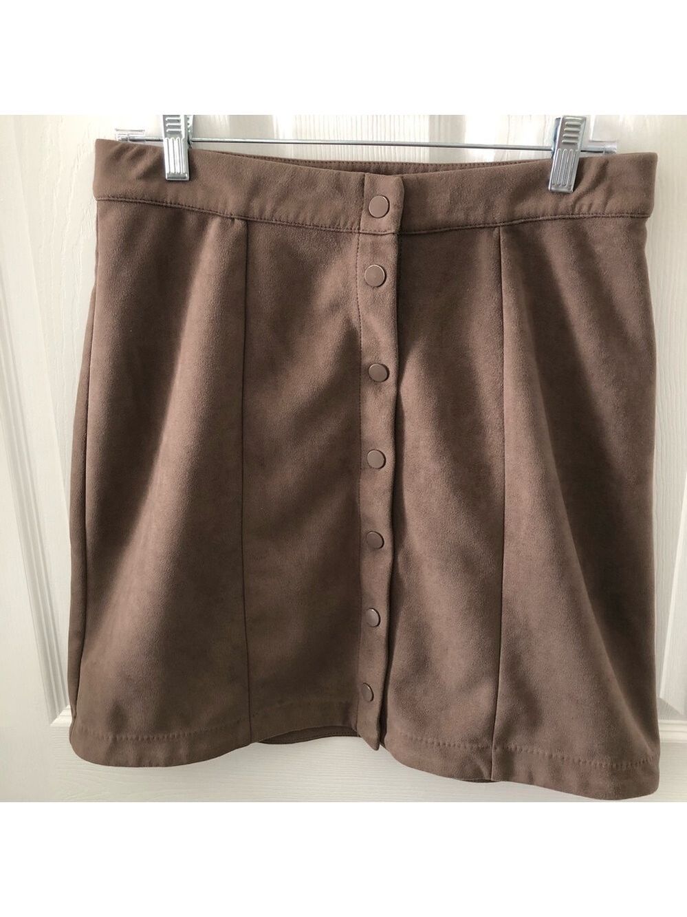 Size 12 TAHARI Brown Suede-Look Snap Front A Line Mini Skirt Western Boho Retro